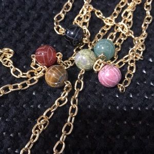 Vintage Gold Tone Metal Multicolored Engraved Stone Beaded Necklace
